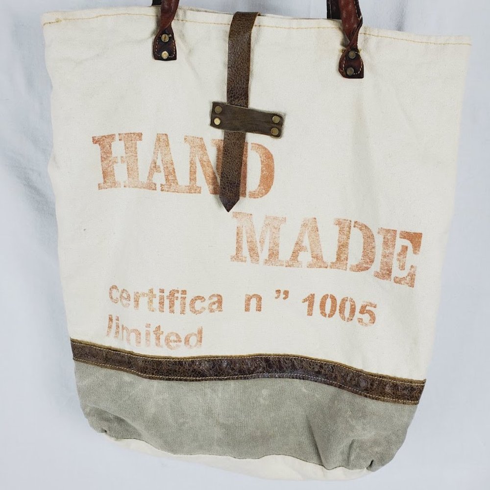 Upcycled Canvas and Leather Tote Bag Hand Made Typography - Picture 2 of 5